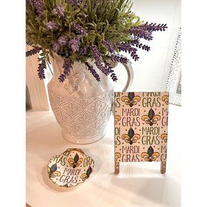 2 Piece: Mardi Gras Shell Dish & Wooden Easel Set Purple Green & Gold